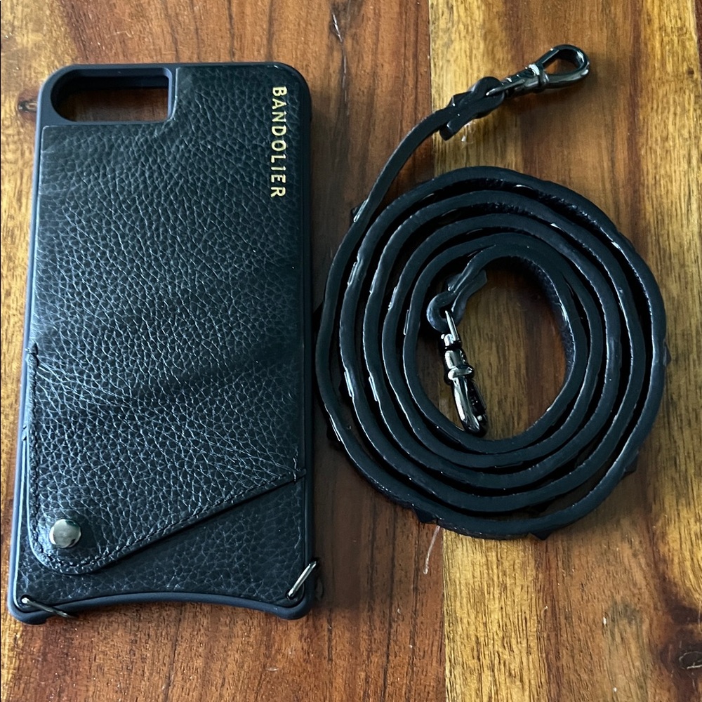 Bandolier Black Leather (8 plus, 7 plus, 6 plus) iPhone Case with 50” strap.